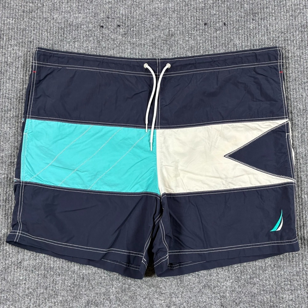 Nautica Mens Swim Trunks 2XL Navy Aqua Colorblock Board Shorts Drawstring